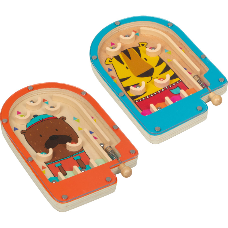 Zwei bunte Holz-Flipper, je einer mit Bären- und Tiger-Motiv auf dem Spielfeld. Zwei bunte Holz-Flipper, je einer mit Bären- und Tiger-Motiv auf dem Spielfeld.