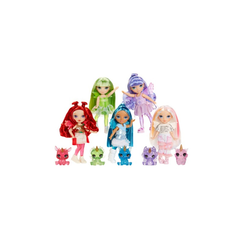 Vier bunte Puppen mit passenden Outfits und Haaren, jeweils mit einer glitzernden Tierfigur kombiniert. Vier bunte Puppen mit passenden Outfits und Haaren, jeweils mit einer glitzernden Tierfigur kombiniert.
