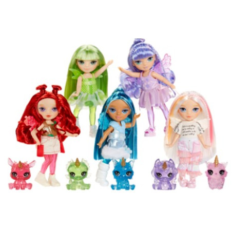Vier bunte Puppen mit passenden Outfits und Haaren, jeweils mit einer glitzernden Tierfigur kombiniert.