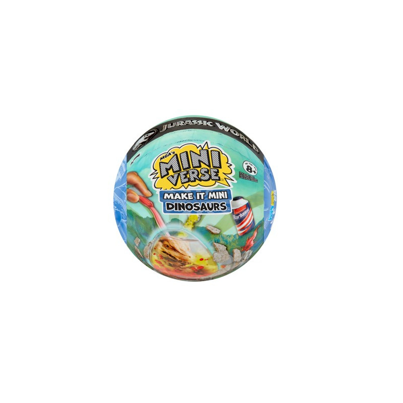 Runde Mini Verse Make It Mini Dinosaurs Spielzeugkugel mit bunter Dino-Verpackung. Runde Mini Verse Make It Mini Dinosaurs Spielzeugkugel mit bunter Dino-Verpackung.