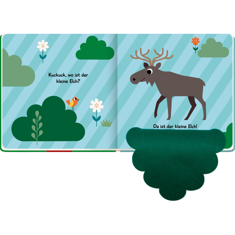 Mein Filz-Fühlbuch: Kuckuck, kleiner Bär! - Babybuch mit Vogel, Blumen, Elch und grüner Filzklappe.