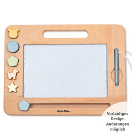 Holz-Magnet-Zeichenbrett mit Tier- und Formstempeln links sowie einem befestigten Stift rechts.