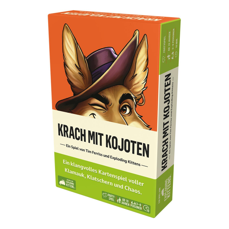 Schachtel des Kartenspiels Krach mit Kojoten mit einem Cartoon-Kojoten im lila Hut auf dem Cover.