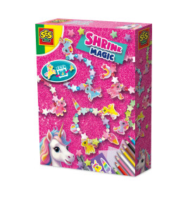 Rosa Glitzerbox des SES Shrink Magic Unicorn Bastelsets mit bunten Einhornanhängern und Zeichenmaterial.