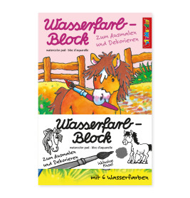 Buntes Aquarellblock-Cover mit Comic-Pony beim Zaunstreichen, deutschem Text und s/w-Ponyskizzen.