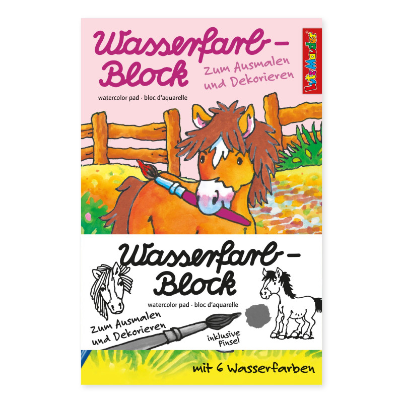 Buntes Aquarellblock-Cover mit Comic-Pony beim Zaunstreichen, deutschem Text und s/w-Ponyskizzen.