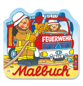 Illustration: Zwei Feuerwehrleute mit Schlauch vor rotem Feuerwehrwagen mit der Aufschrift "Feuerwehr".