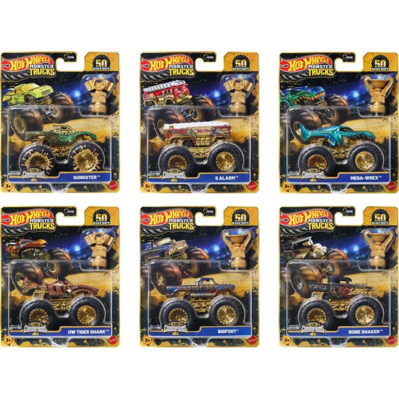 Sechs Hot Wheels Monster Trucks Spielzeuge in Verpackung: Gunster, S. Alarm, Mega-Wrex, Tiger Shark, Bigfoot, Bone Shaker.