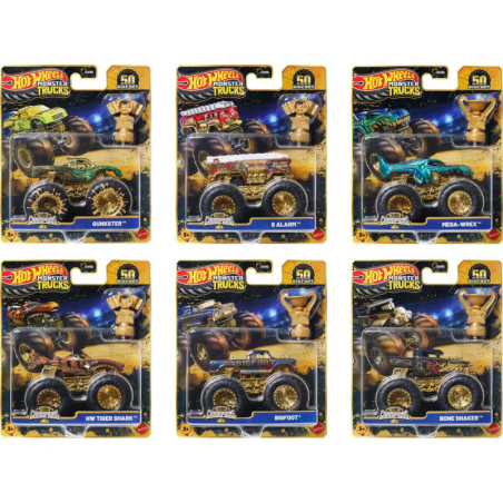 Sechs Hot Wheels Monster Trucks Spielzeuge in Verpackung: Gunster, S. Alarm, Mega-Wrex, Tiger Shark, Bigfoot, Bone Shaker.