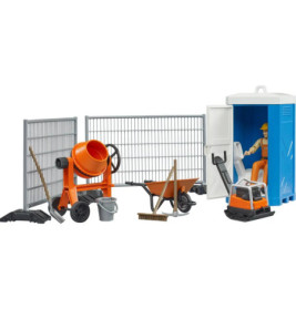 Spielzeug-Baustellen-Set mit Bauarbeiterfigur, Werkzeugen, Betonmischer, Schubkarre und Dixi-Toilette.