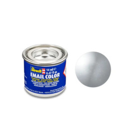 Revell Emailfarbe, 14 ml, in kleiner blauer Dose mit einer Probe des Metallic-Silbertons.
