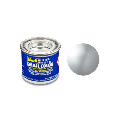 Revell Emailfarbe, 14 ml, in kleiner blauer Dose mit einer Probe des Metallic-Silbertons.