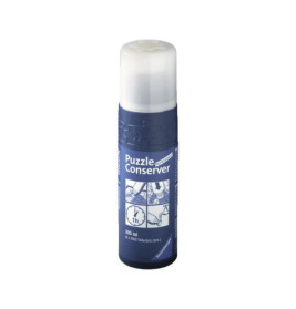 Flasche Puzzlekleber mit blauem Etikett und weißem Deckel zum Konservieren fertig gelegter Puzzles.