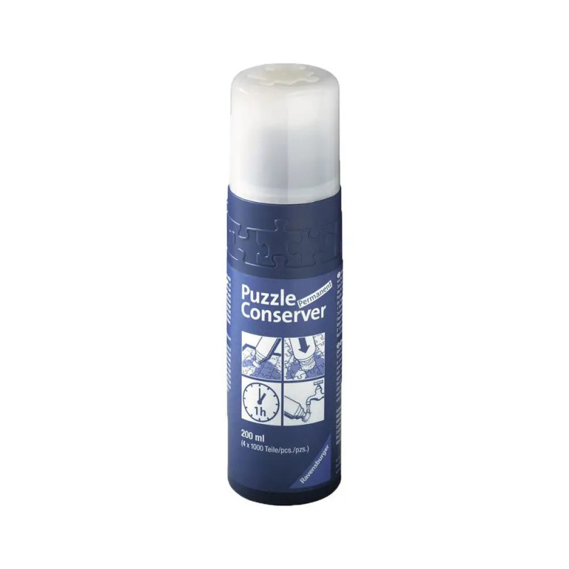 Flasche Puzzlekleber mit blauem Etikett und weißem Deckel zum Konservieren fertig gelegter Puzzles. Flasche Puzzlekleber mit blauem Etikett und weißem Deckel zum Konservieren fertig gelegter Puzzles.