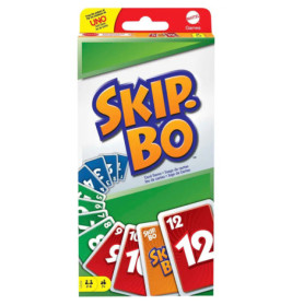 Skip-Bo Kartenspielschachtel mit abgebildeten Karten und dem Skip-Bo-Logo auf der Vorderseite.