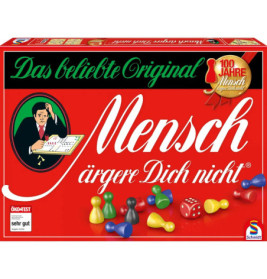 Rote Spielschachtel von Mensch ärgere Dich nicht mit bunten Spielfiguren und 100-Jahre-Emblem.