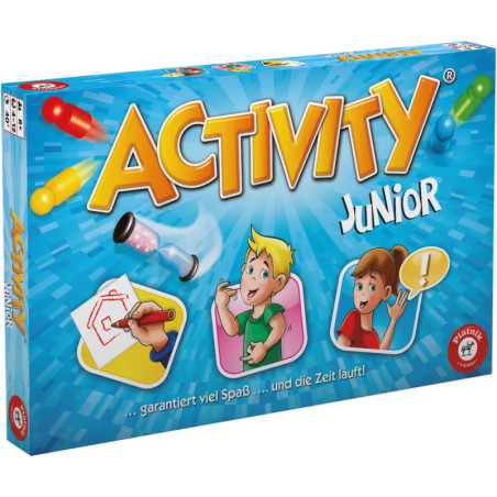 Blaue Activity Junior Spieleschachtel mit gezeichneten Kindern und Spielsymbolen auf dem Cover. Blaue Activity Junior Spieleschachtel mit gezeichneten Kindern und Spielsymbolen auf dem Cover.