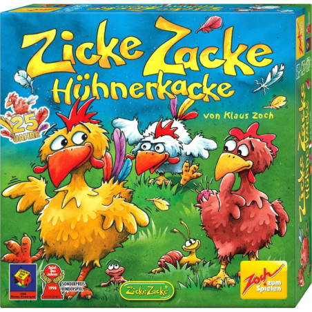 Bunte Spieleschachtel Zicke Zacke Hühnerkacke mit gezeichneten Hühnern und einer verspielten Bauernhofszenerie.