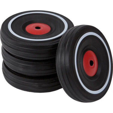 Fünf schwarze Kunststoffräder mit roten Zentren und weißen Randstreifen sind übereinander gestapelt.