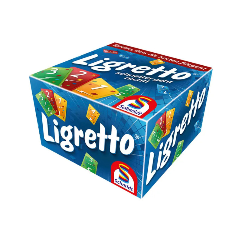 Blaue Ligretto-Spielbox mit bunten Karten und dem Schmidt Spiele Logo in den Ecken. Blaue Ligretto-Spielbox mit bunten Karten und dem Schmidt Spiele Logo in den Ecken.