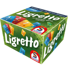 Grüne Ligretto-Schachtel von Schmidt mit bunten Zahlenkarten auf der Verpackung.