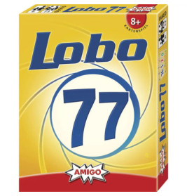 Lobo 77 Kartenspielschachtel mit gelbem Hintergrund, blauem Logo und Altersangabe ab 8 Jahren.
