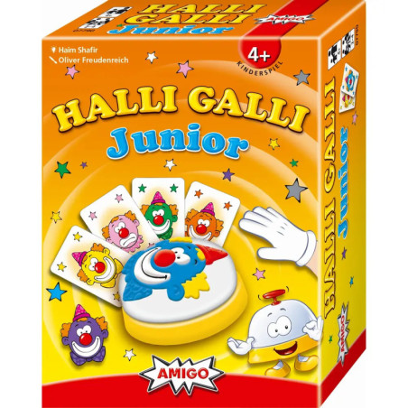 Bunte Halli Galli Junior-Spielebox mit Clownkarten, Glocke und Comicfiguren auf gelbem Hintergrund.
