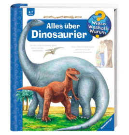 Kinderbuchcover mit blauem Sauropoden und orangefarbenem Theropoden, Titel: Alles über Dinosaurier.