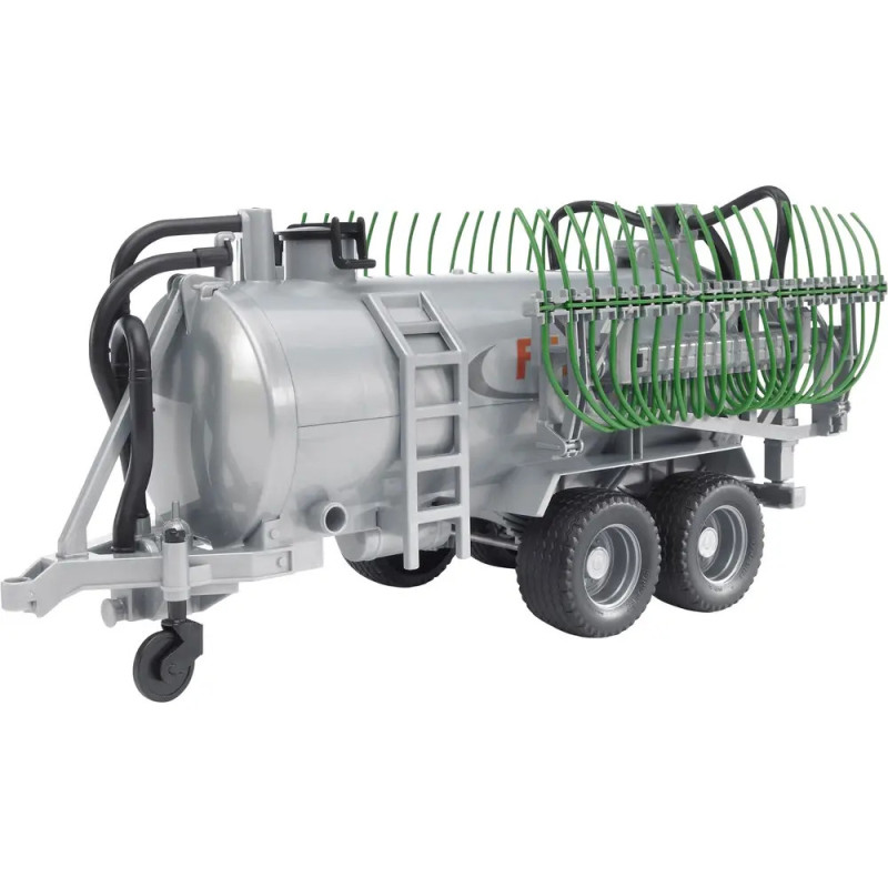 Silberner Spielzeug-Tankauflieger mit grünen Leitungen, schwarzen Schläuchen und vier Rädern für den landwirtschaftlichen Einsat