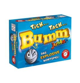 Blaue Packung von Tick Tack Bumm junior mit gezeichneter Bombe und deutschem Text.