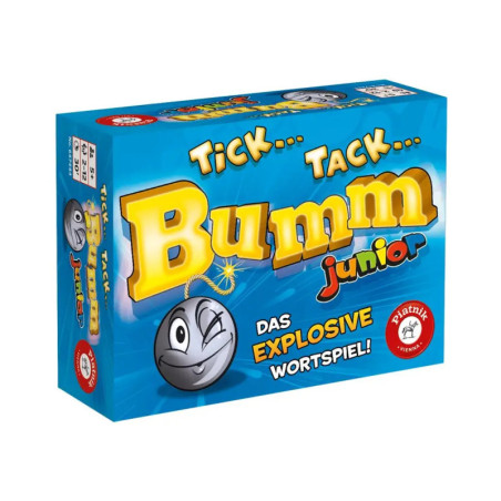 Blaue Packung von Tick Tack Bumm junior mit gezeichneter Bombe und deutschem Text.