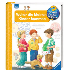 Buchcover mit drei Kindern, einem Hund und wissenschaftlichen Zeichnungen deutscher Titel zum Thema Herkunft von Babys.