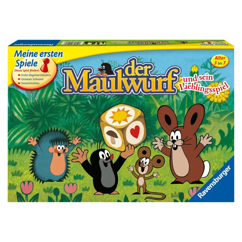Bunte Brettspielschachtel mit Cartoon-Tieren, einem Würfel und dem deutschen Titel der Maulwurf und sein Lieblingsspiel. Bunte Brettspielschachtel mit Cartoon-Tieren, einem Würfel und dem deutschen Titel der Maulwurf und sein Lieblingsspiel.
