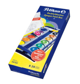 Pelikan-Deckfarbkasten mit 24 Farben und abnehmbarem Deckel, Verpackung in Blau und Gelb.