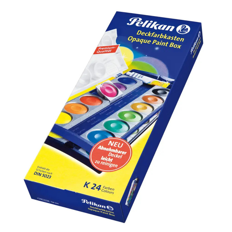 Pelikan-Deckfarbkasten mit 24 Farben und abnehmbarem Deckel, Verpackung in Blau und Gelb. Pelikan-Deckfarbkasten mit 24 Farben und abnehmbarem Deckel, Verpackung in Blau und Gelb.