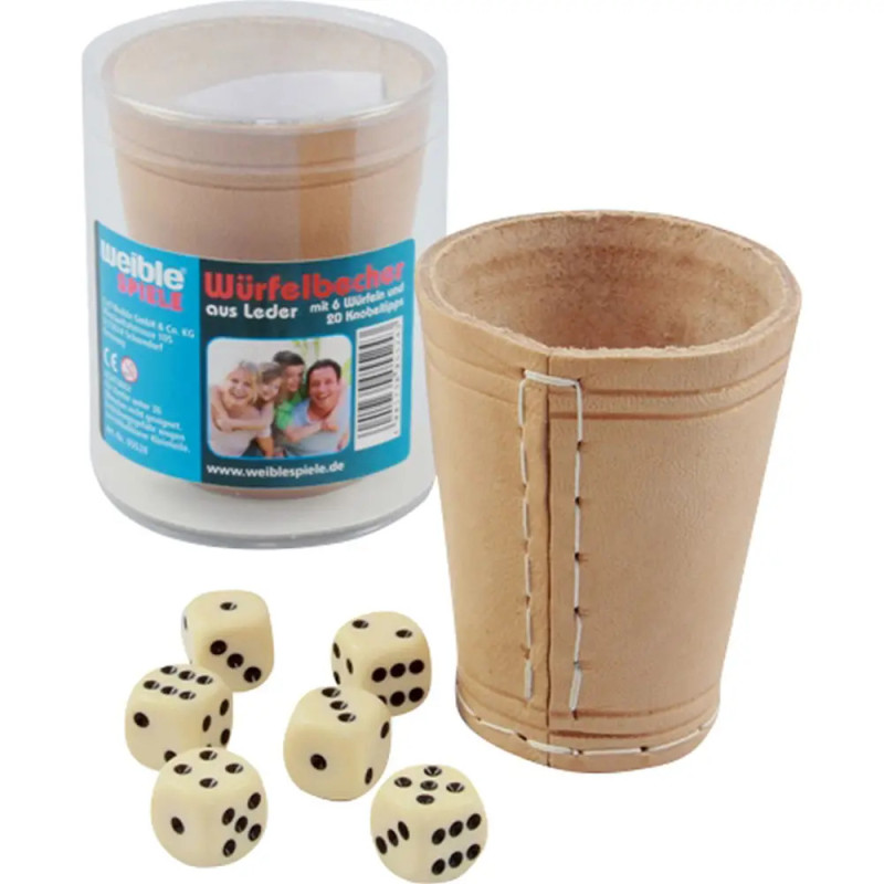 Leder-Würfelbecher natur 9 cm + 6 Würfel