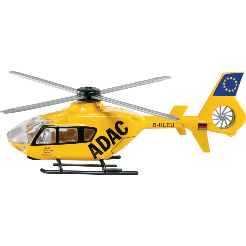 Gelbes ADAC-Rettungshubschrauber-Modell mit schwarzer Schrift und blauer EU-Flagge am Heck, Seitenansicht. Gelbes ADAC-Rettungshubschrauber-Modell mit schwarzer Schrift und blauer EU-Flagge am Heck, Seitenansicht.