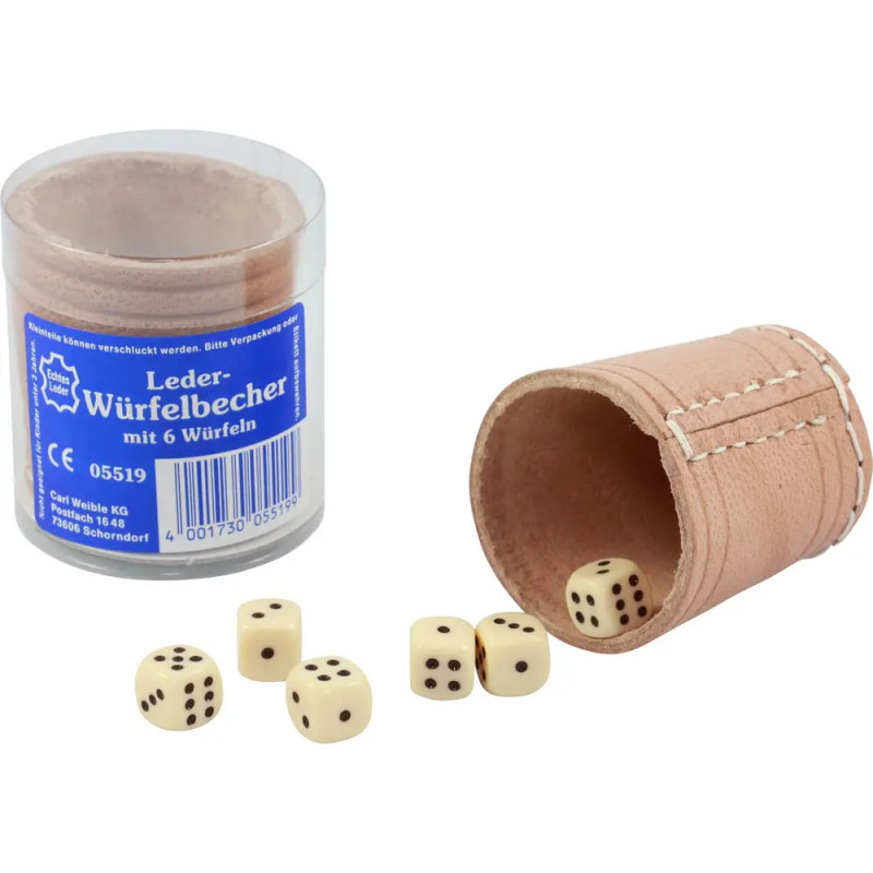 Leder-Würfelbecher natur 5 cm + 6 Würfel