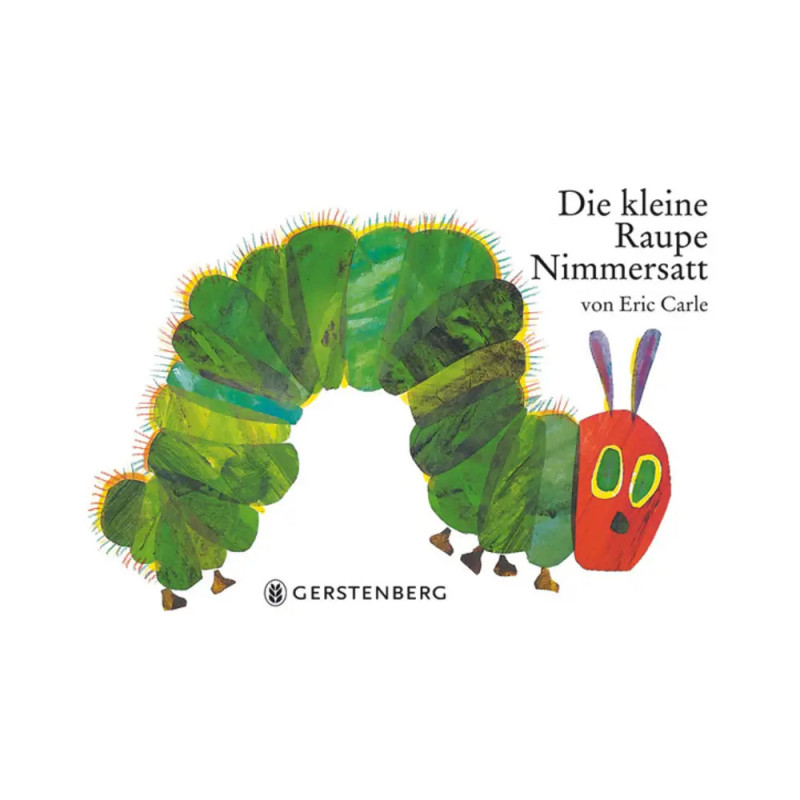 Grüne Raupe aus Eric Carles Buch Die kleine Raupe Nimmersatt auf weißem Hintergrund.