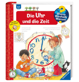 Zwei Kinder spielen mit einer großen Uhr, eine schwarze Katze beobachtet sie Buchcover zum Thema Uhrzeit lernen.
