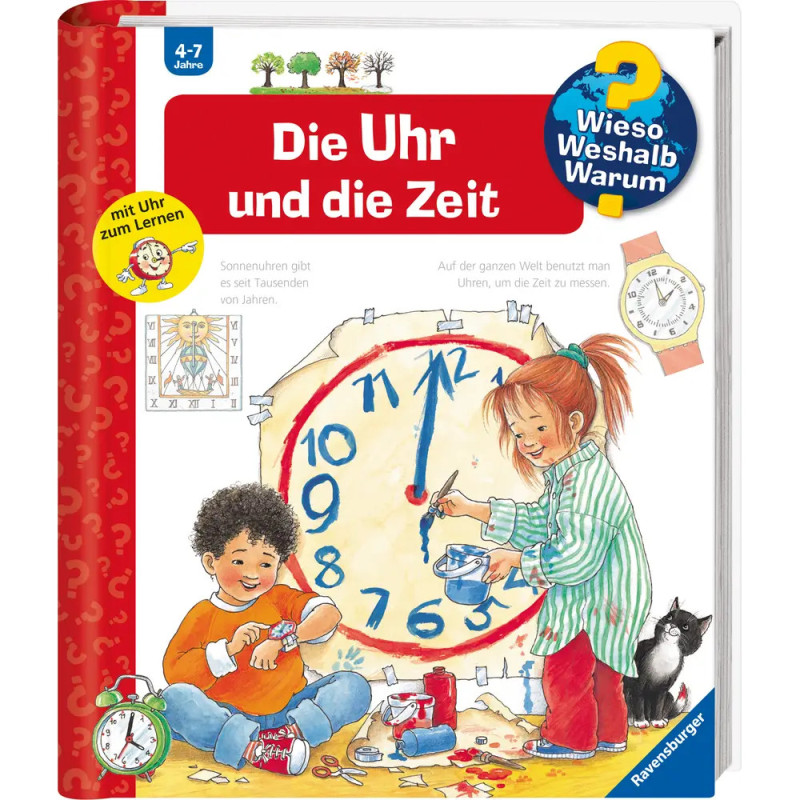 Zwei Kinder spielen mit einer großen Uhr, eine schwarze Katze beobachtet sie Buchcover zum Thema Uhrzeit lernen.