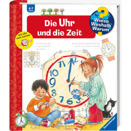 Zwei Kinder spielen mit einer großen Uhr, eine schwarze Katze beobachtet sie Buchcover zum Thema Uhrzeit lernen.