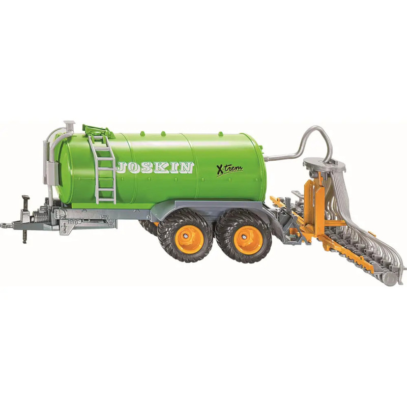 Grüner Joskin Xtrem Güllewagen mit gelben Rädern und grauer Leiter, seitlich aufgenommen.