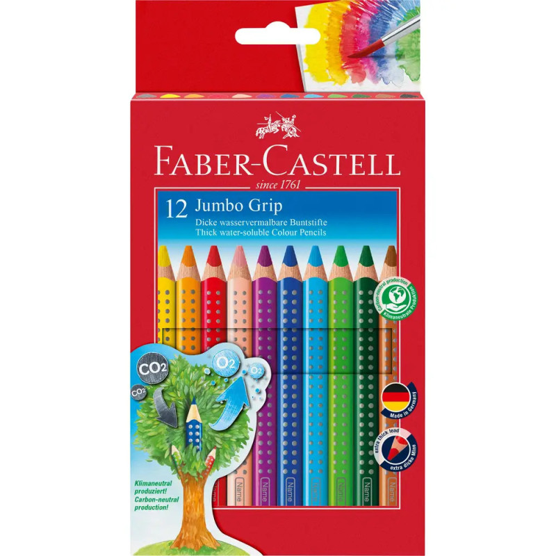 Rote Schachtel mit 12 Faber-Castell Jumbo Grip Buntstiften, vorne Baum- und Umweltsymbole. Rote Schachtel mit 12 Faber-Castell Jumbo Grip Buntstiften, vorne Baum- und Umweltsymbole.