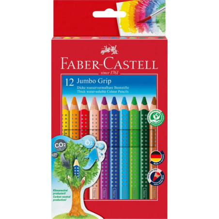 Rote Schachtel mit 12 Faber-Castell Jumbo Grip Buntstiften, vorne Baum- und Umweltsymbole.