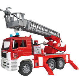 Rotes und weißes Spielzeug-Feuerwehrauto mit ausgefahrener Leiter und Stützbeinen.