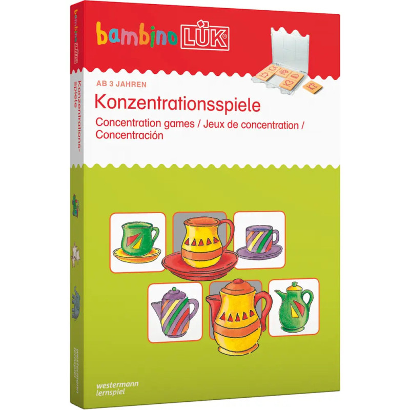 Bambino LÜK Konzentrationsspiele, Box mit bunten Teekannen und Tassen auf dem Deckel.