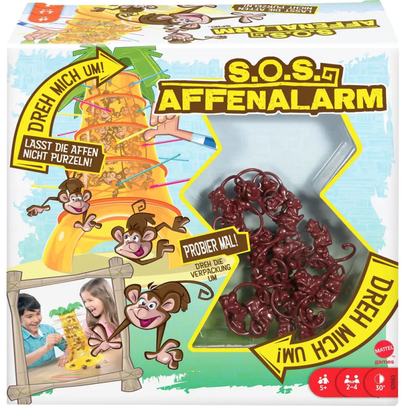 Box des Spiels S.O.S. Affenalarm mit Comic-Affen und verhedderten Plastikaffen im Inneren. Box des Spiels S.O.S. Affenalarm mit Comic-Affen und verhedderten Plastikaffen im Inneren.
