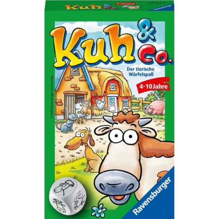 Kuh & Co.-Spielschachtel mit Cartoon-Kuh, Tieren und Scheune, ab 4 Jahren, von Ravensburger.