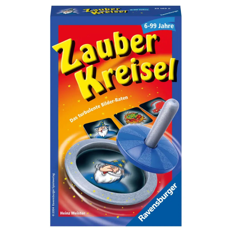 Zauber Kreisel Spiel von Ravensburger, mit Kreisel und verschwommenen Bildern auf dem Schachteldeckel.